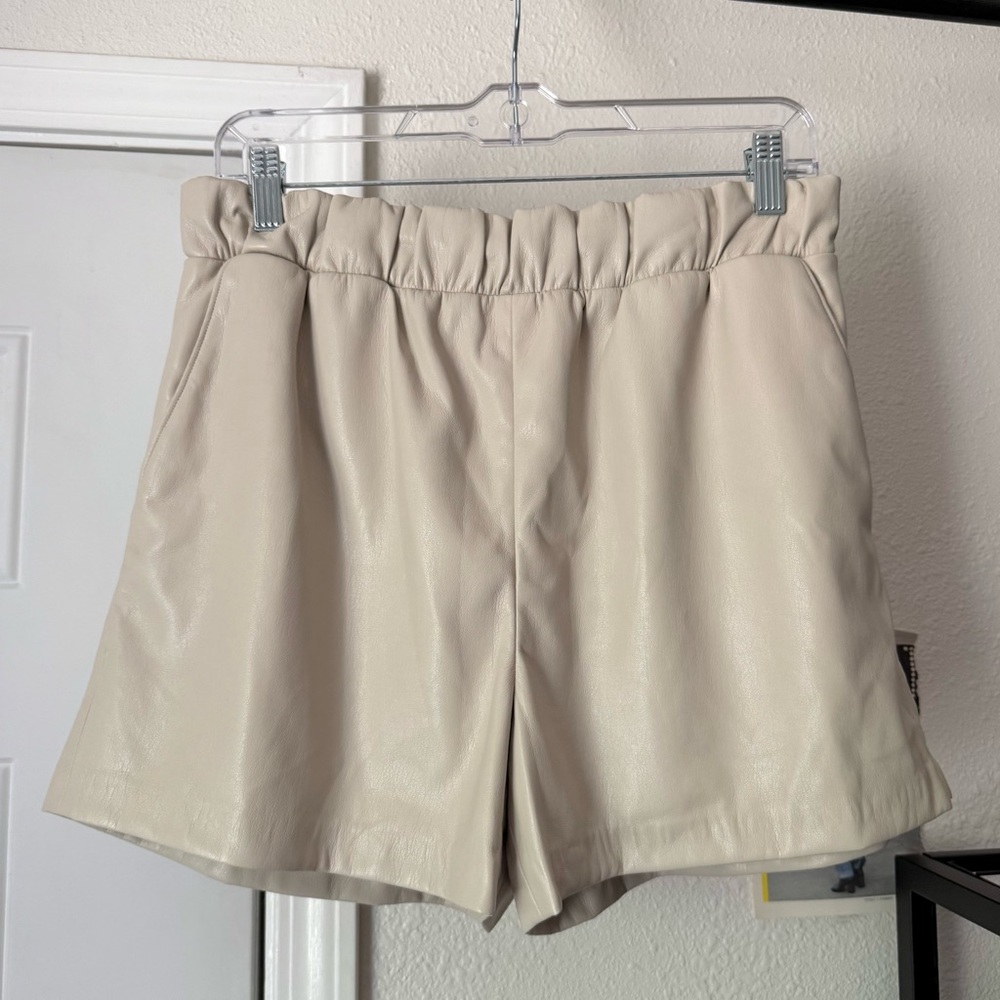 ANINE BING tan pu pleather faux leather high rise elastic waist shorts
